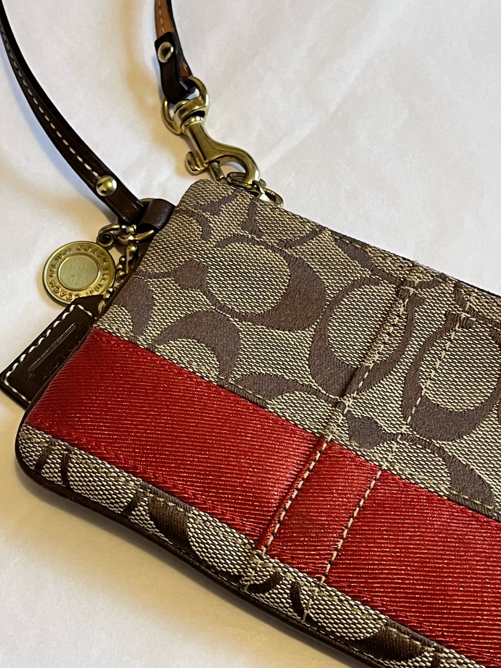Vintage Y2K Coach Signature Stripe Wristlet Brown Orange 2006 EUC Leather Trim